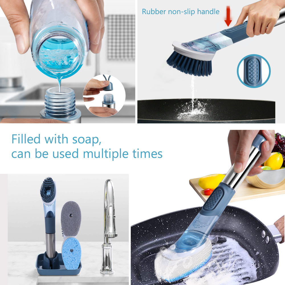 3-in-1 Soap Dispensing Kitchen Scrub Brush with Replaceable Heads