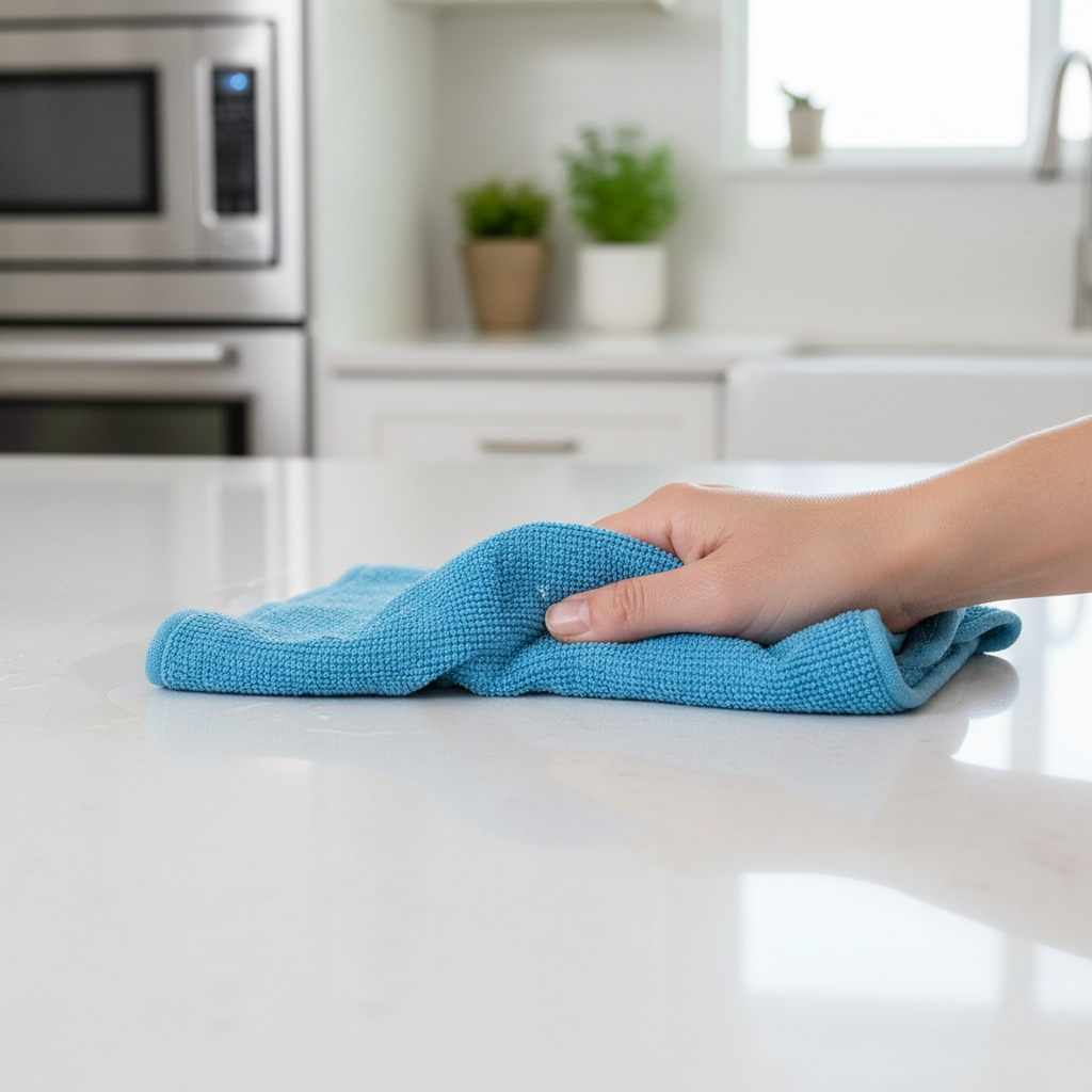 Microfiber kitchen towel wiping a shiny countertop streak-free