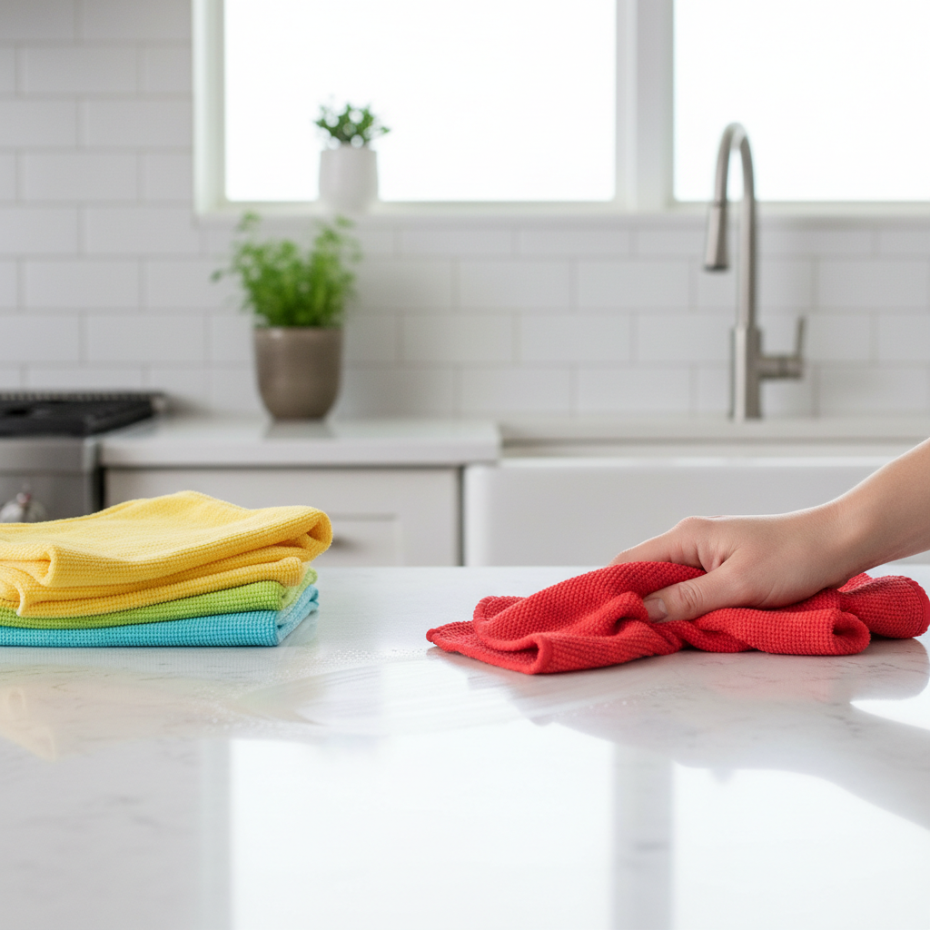 Red microfiber kitchen towel wiping countertop with colorful towels nearby